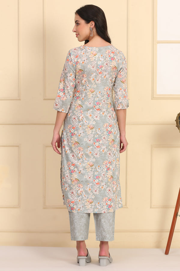 Grey Floral Printed Pure Cotton Kurta and Pants Co-ord Set