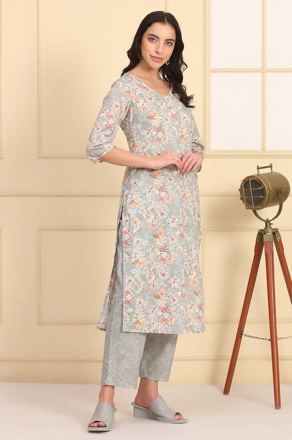 Grey Floral Printed Pure Cotton Kurta and Pants Co-ord Set