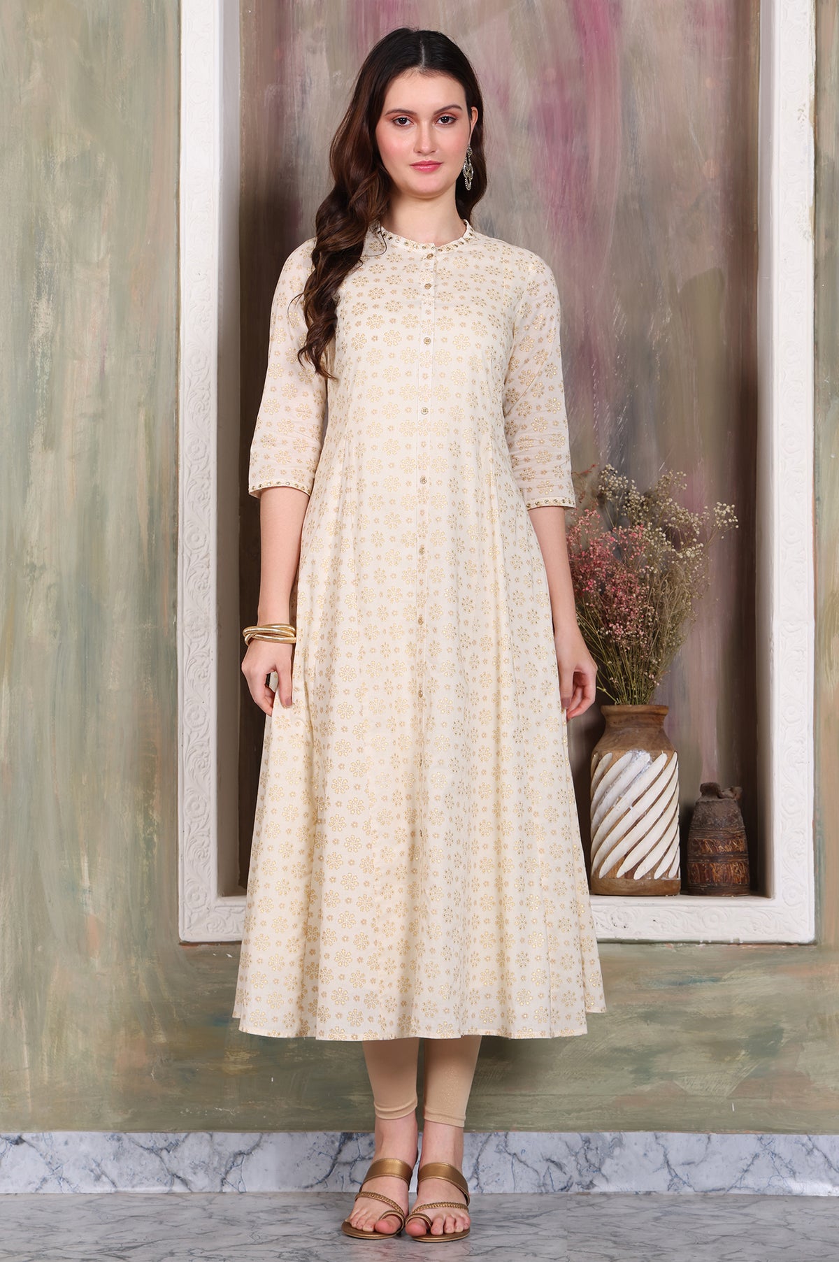 Beige Foil Printed Zari Embellished Anarkali Cotton Kurta and Legging Set - S