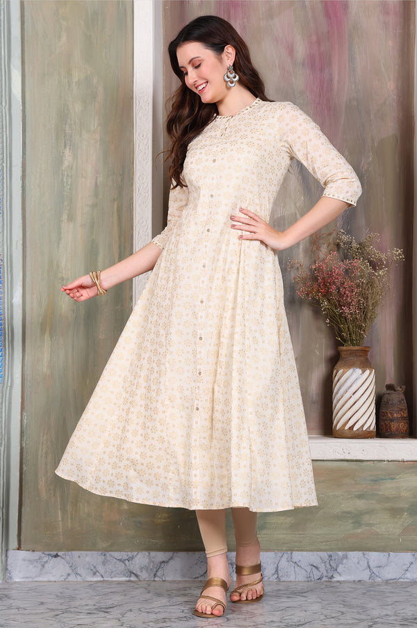 Beige Foil Printed Zari Embellished Anarkali Cotton Kurta and Legging Set