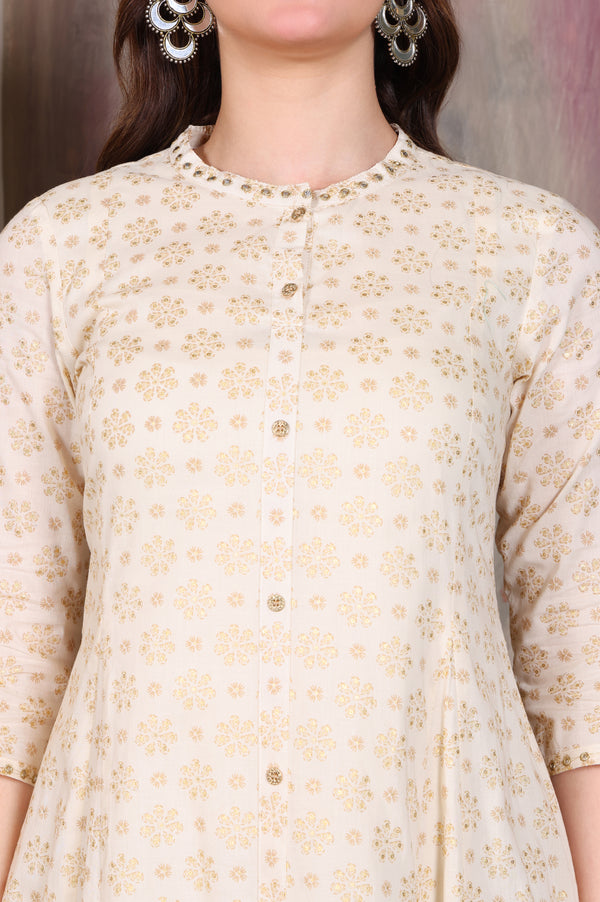 Beige Foil Printed Zari Embellished Anarkali Cotton Kurta and Legging Set