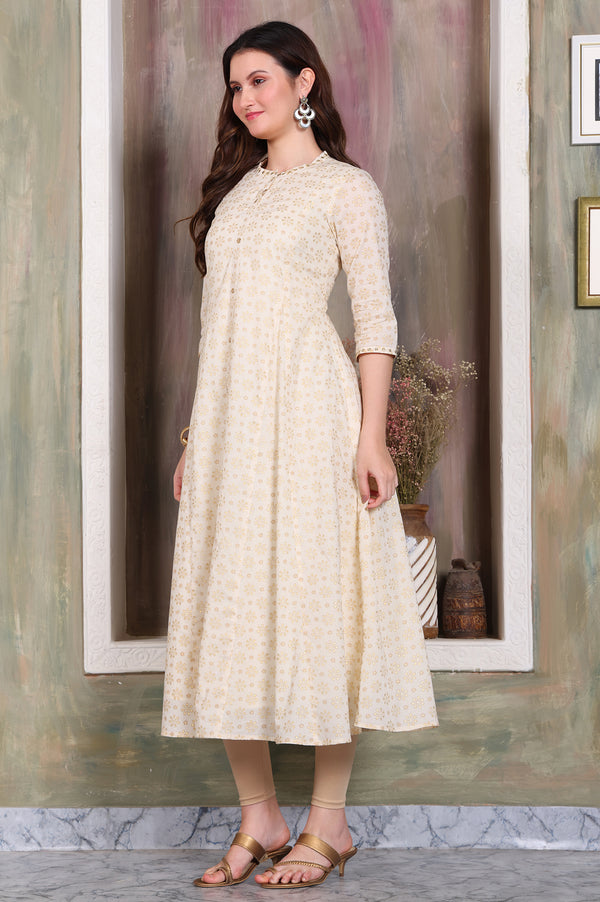 Beige Foil Printed Zari Embellished Anarkali Cotton Kurta and Legging Set