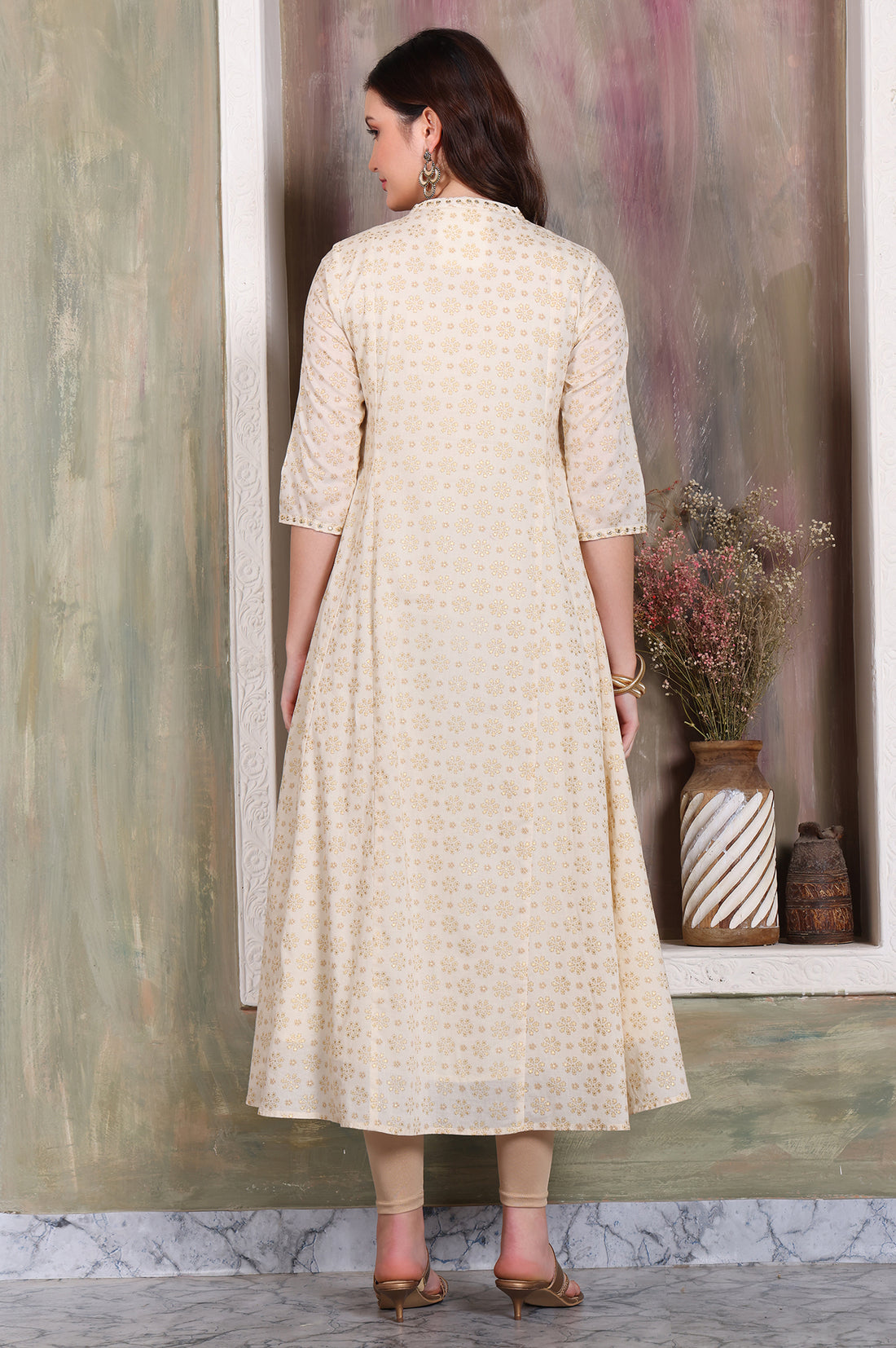 Beige Foil Printed Zari Embellished Anarkali Cotton Kurta and Legging Set