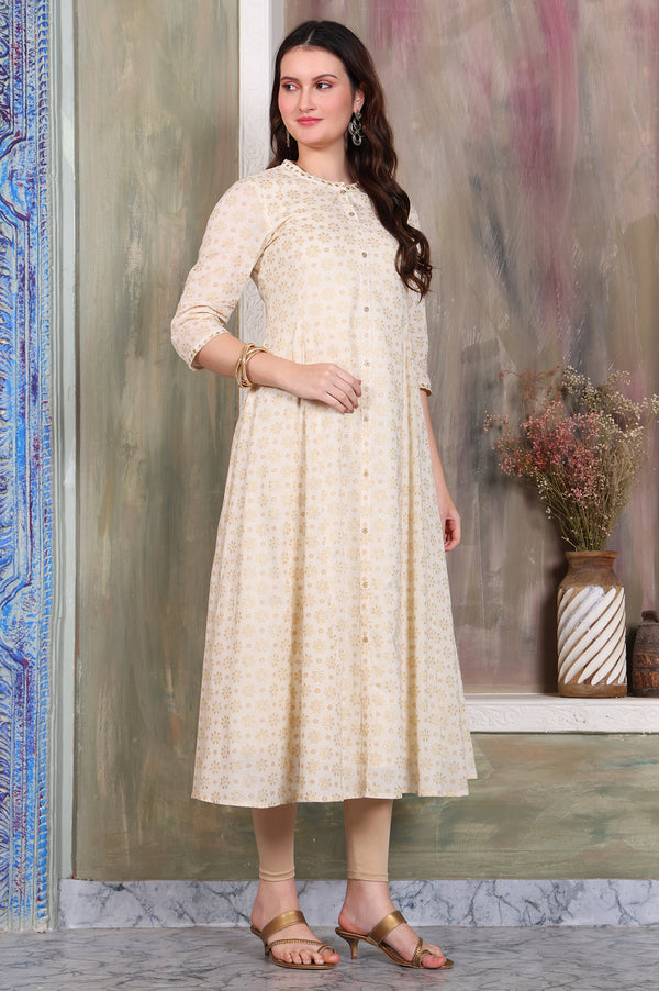 Beige Foil Printed Zari Embellished Anarkali Cotton Kurta and Legging Set
