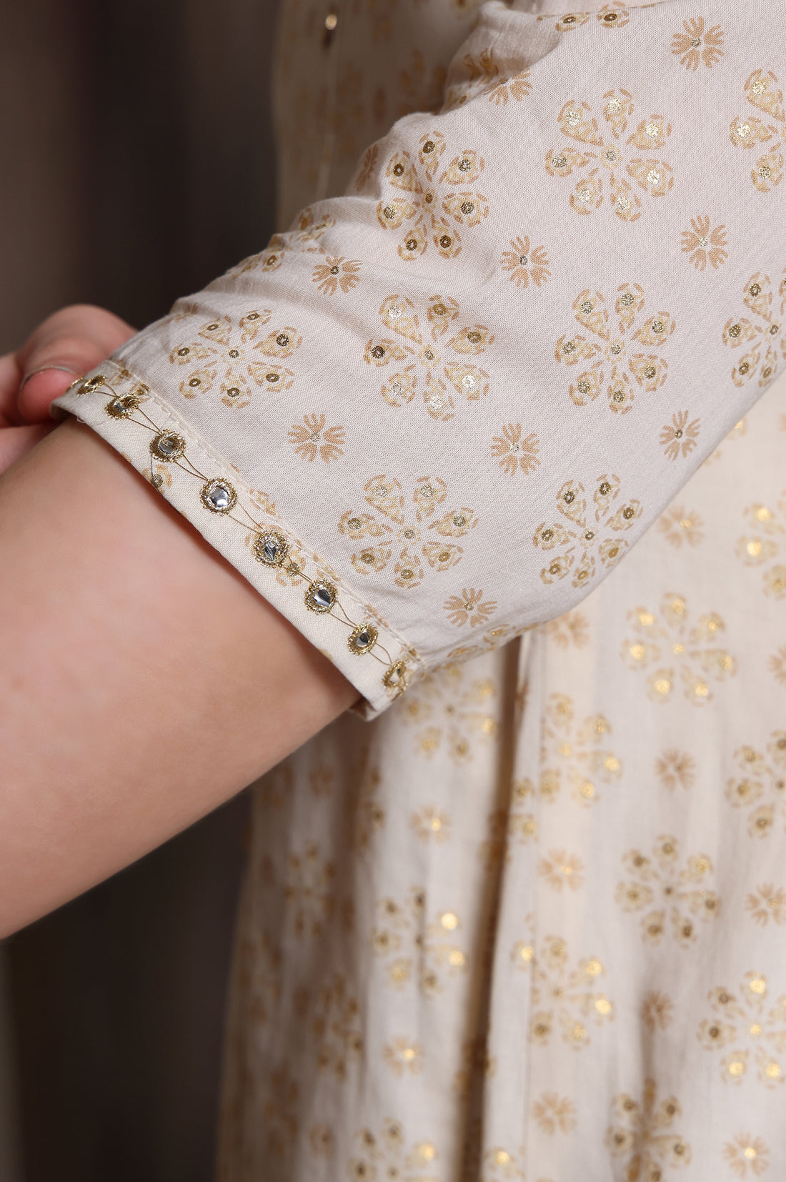 Beige Foil Printed Zari Embellished Anarkali Cotton Kurta and Legging Set