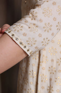 Beige Foil Printed Zari Embellished Anarkali Cotton Kurta and Legging Set