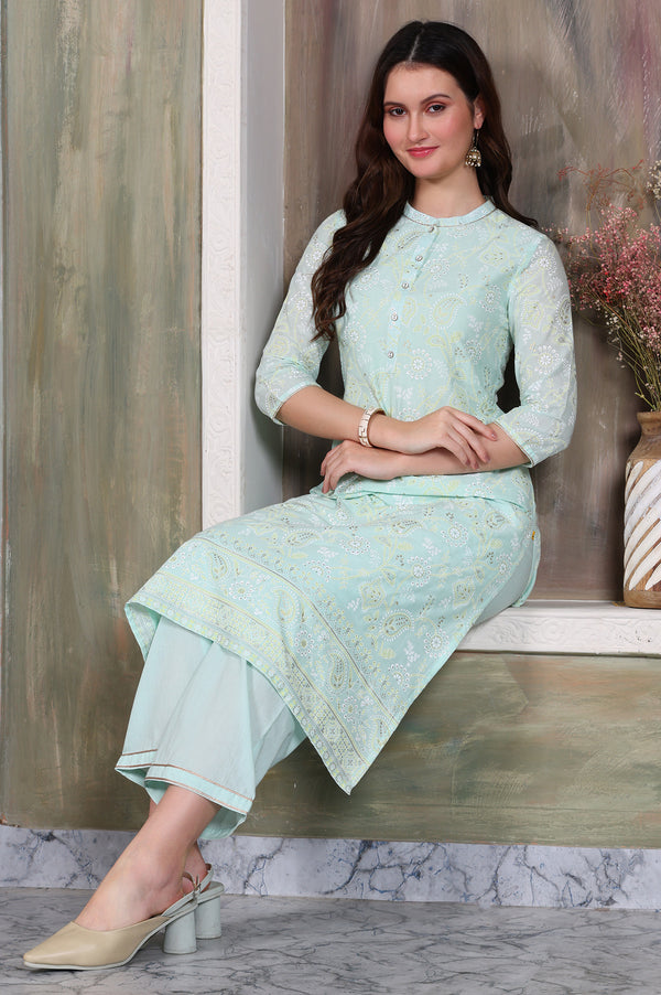 Blue Foil Printed Tape Embroidered Straight Pure Cotton Kurta and Palazzo Co-ord Set