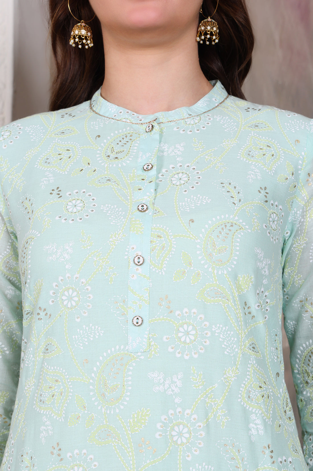 Blue Foil Printed Tape Embroidered Straight Pure Cotton Kurta and Palazzo Co-ord Set