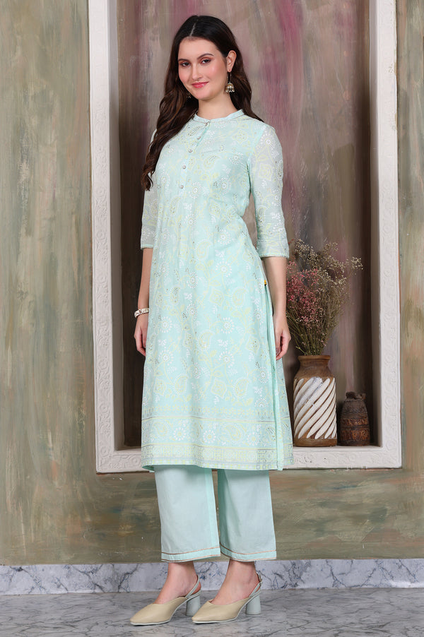 Blue Foil Printed Tape Embroidered Straight Pure Cotton Kurta and Palazzo Co-ord Set