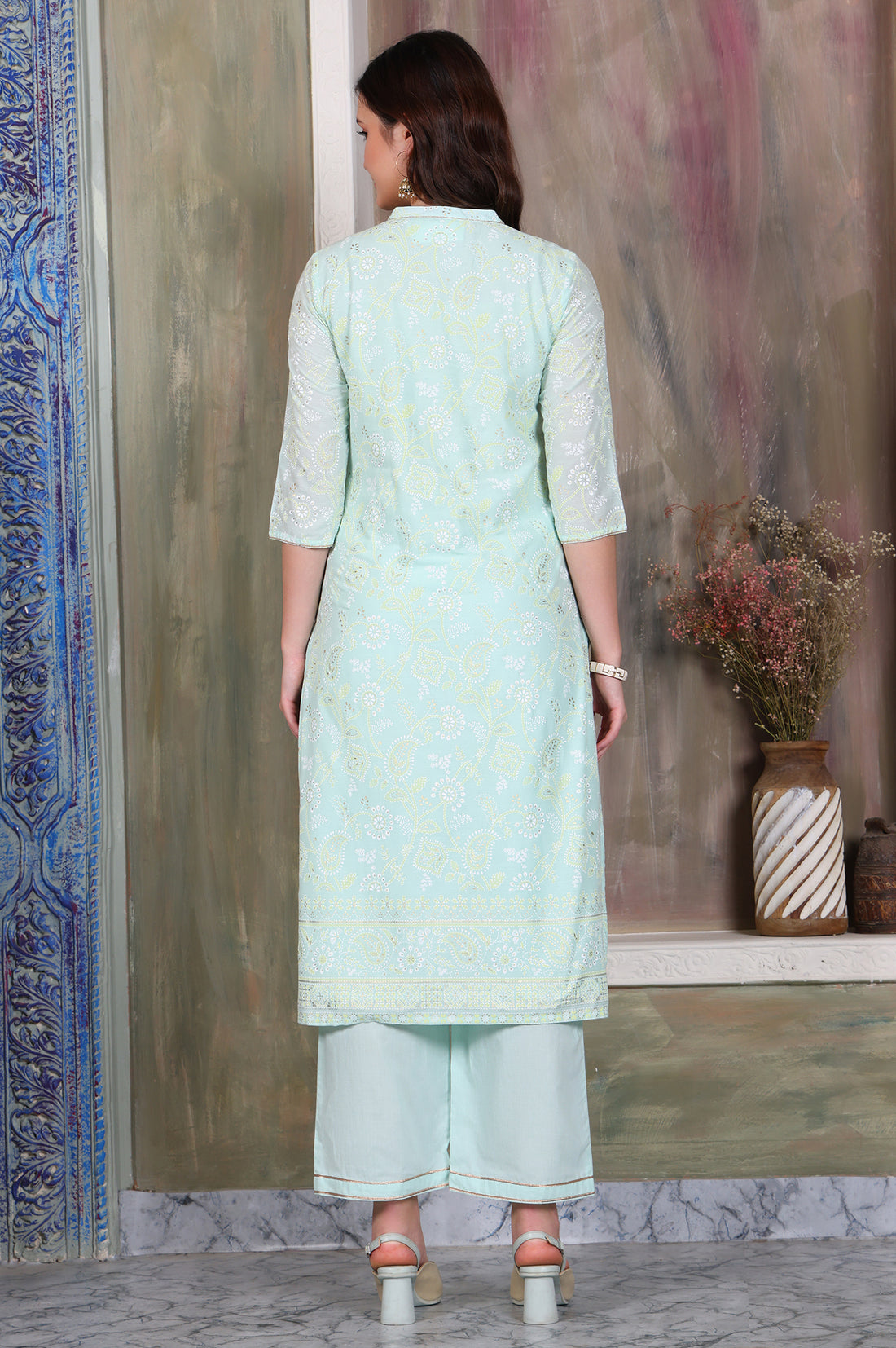 Blue Foil Printed Tape Embroidered Straight Pure Cotton Kurta and Palazzo Co-ord Set