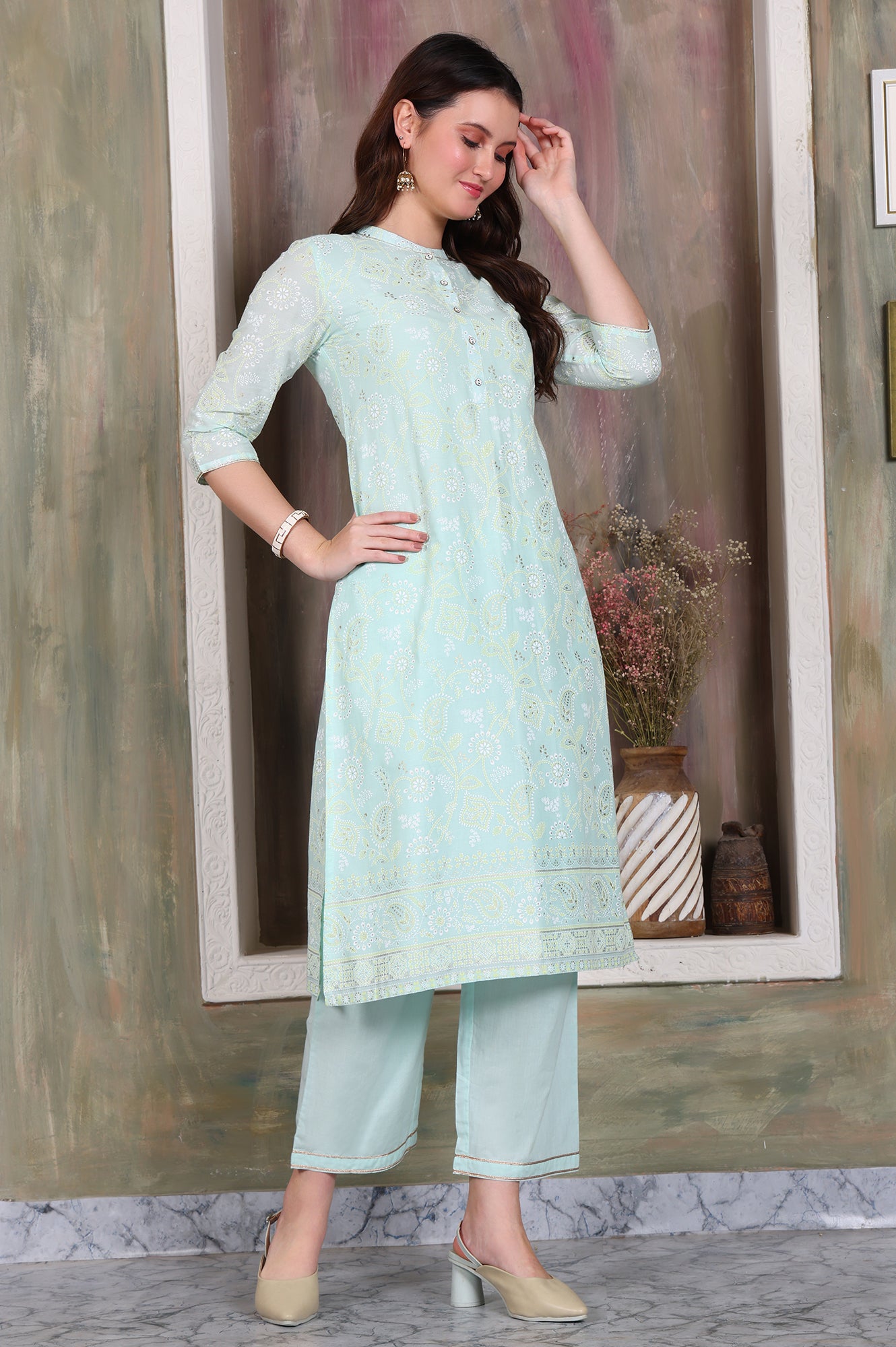 Blue Foil Printed Tape Embroidered Straight Pure Cotton Kurta and Palazzo Co-ord Set