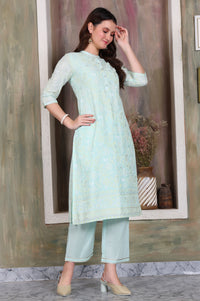 Blue Foil Printed Tape Embroidered Straight Pure Cotton Kurta and Palazzo Co-ord Set
