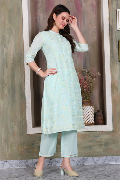 Blue Foil Printed Tape Embroidered Straight Pure Cotton Kurta and Palazzo Co-ord Set