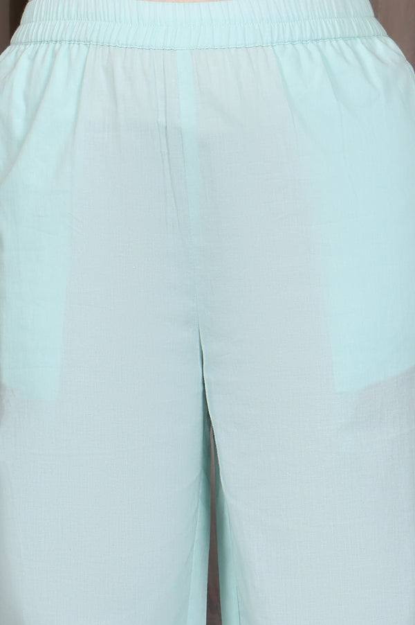 Blue Foil Printed Tape Embroidered Straight Pure Cotton Kurta and Palazzo Co-ord Set