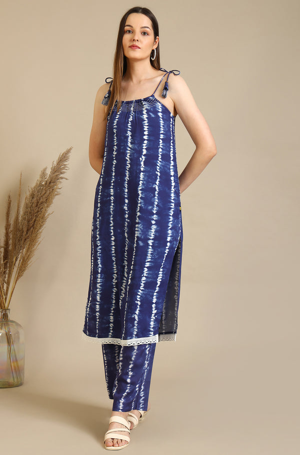 Blue Tie and Dye Shibori Saphetti Kurta and Palozzos Co-ord Set