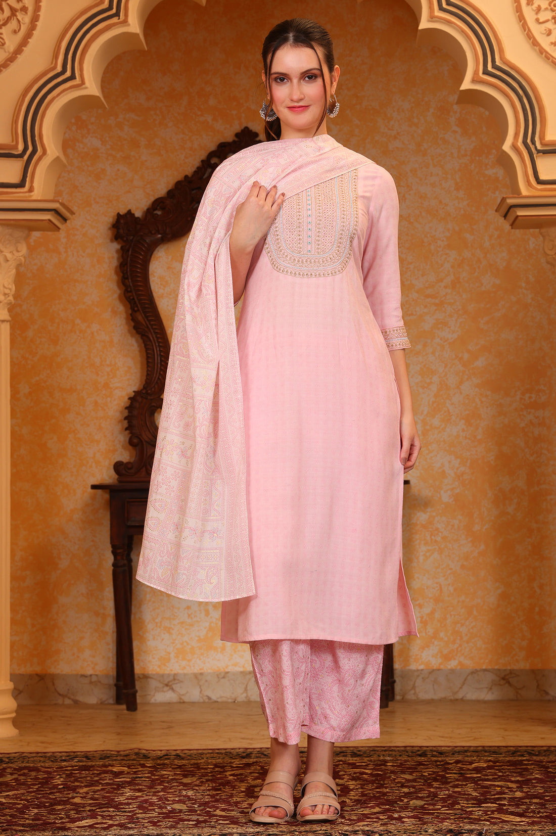 Pink Self Design Beads Embellished Straight Kurta, Palazzo and Stole Set