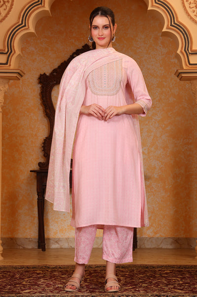 Pink Self Design Beads Embellished Straight Kurta, Palazzo and Stole Set