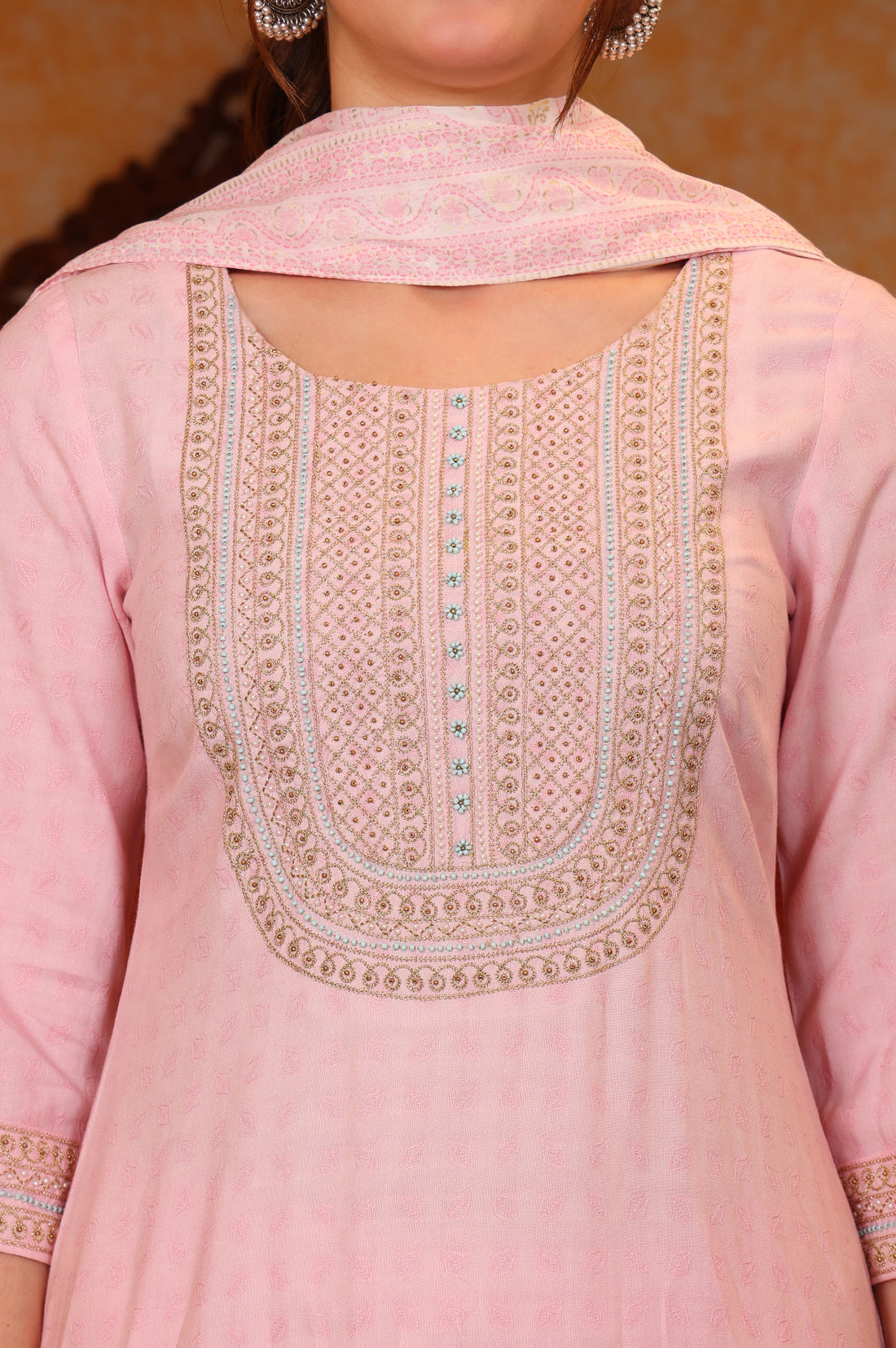 Pink Self Design Beads Embellished Straight Kurta, Palazzo and Stole Set