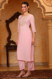 Pink Self Design Beads Embellished Straight Kurta, Palazzo and Stole Set