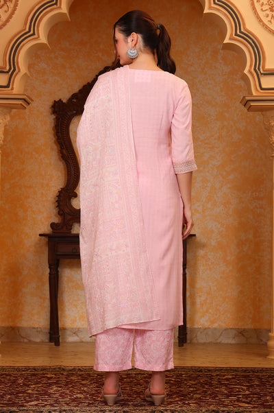 Pink Self Design Beads Embellished Straight Kurta, Palazzo and Stole Set
