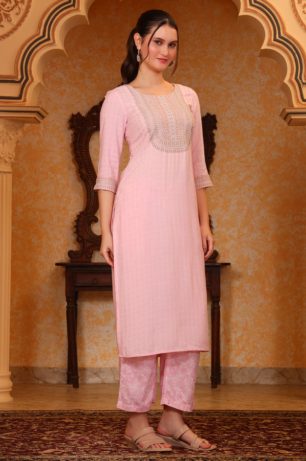 Pink Self Design Beads Embellished Straight Kurta, Palazzo and Stole Set