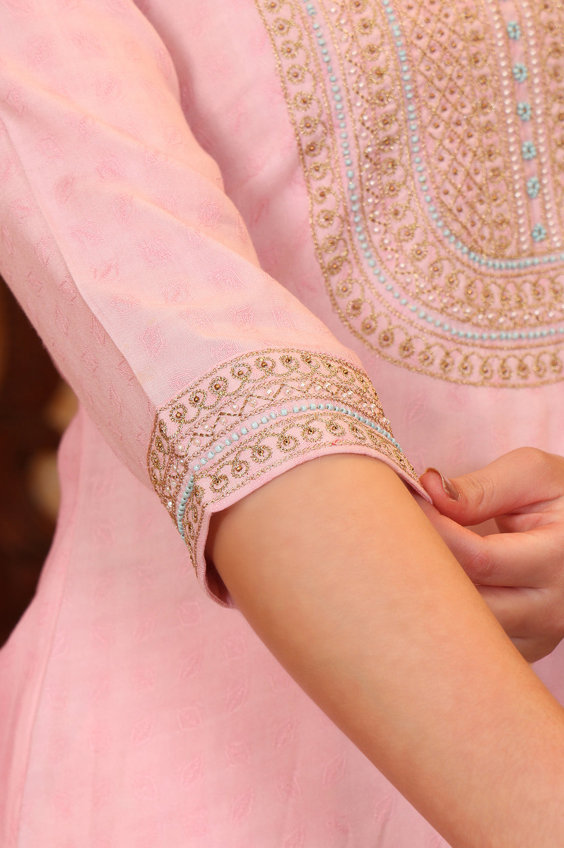 Pink Self Design Beads Embellished Straight Kurta, Palazzo and Stole Set