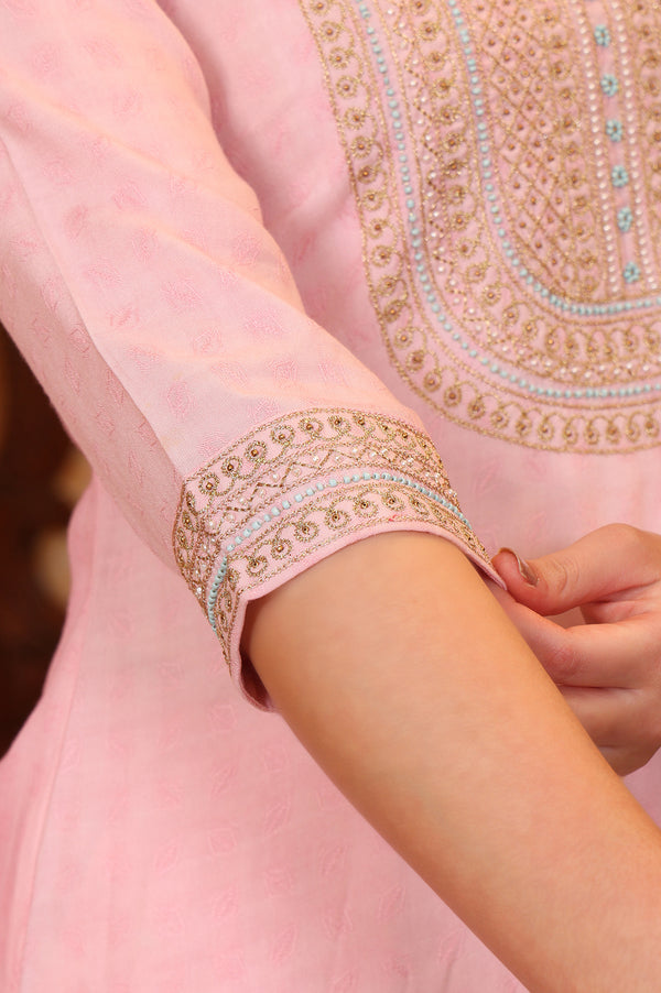 Pink Self Design Beads Embellished Straight Kurta, Palazzo and Stole Set