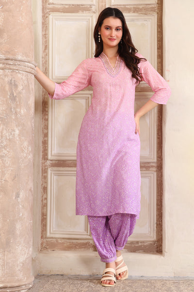 Purple Floral Printed Sequinned A-Line Kurta and Salwar Co-ord Set