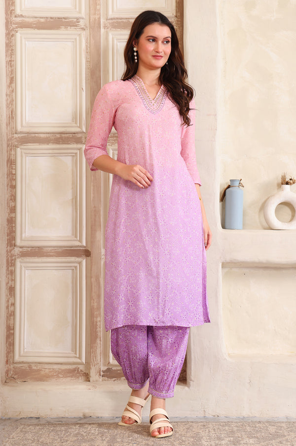 Purple Floral Printed Sequinned A-Line Kurta and Salwar Co-ord Set