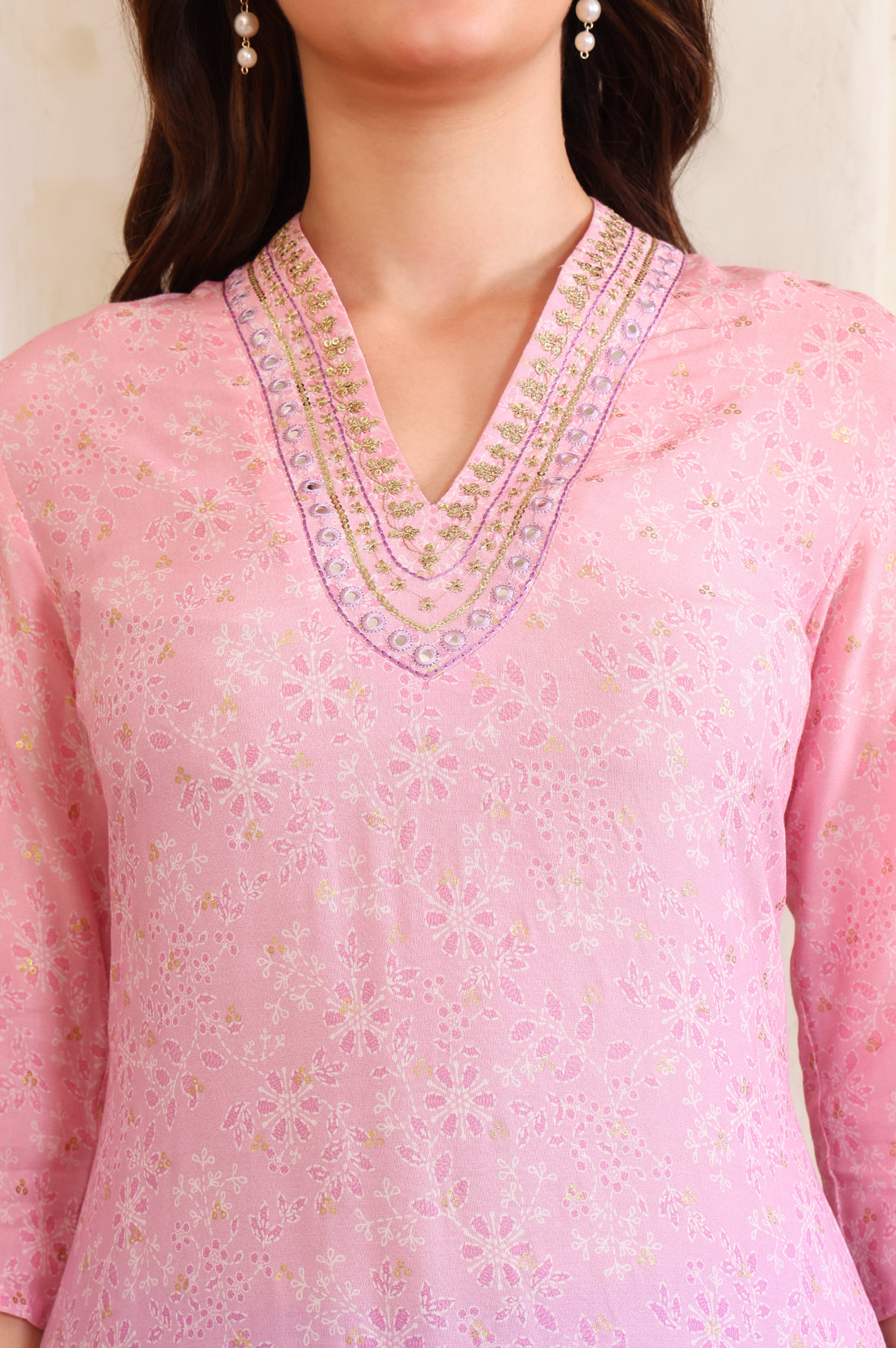 Purple Floral Printed Sequinned A-Line Kurta and Salwar Co-ord Set