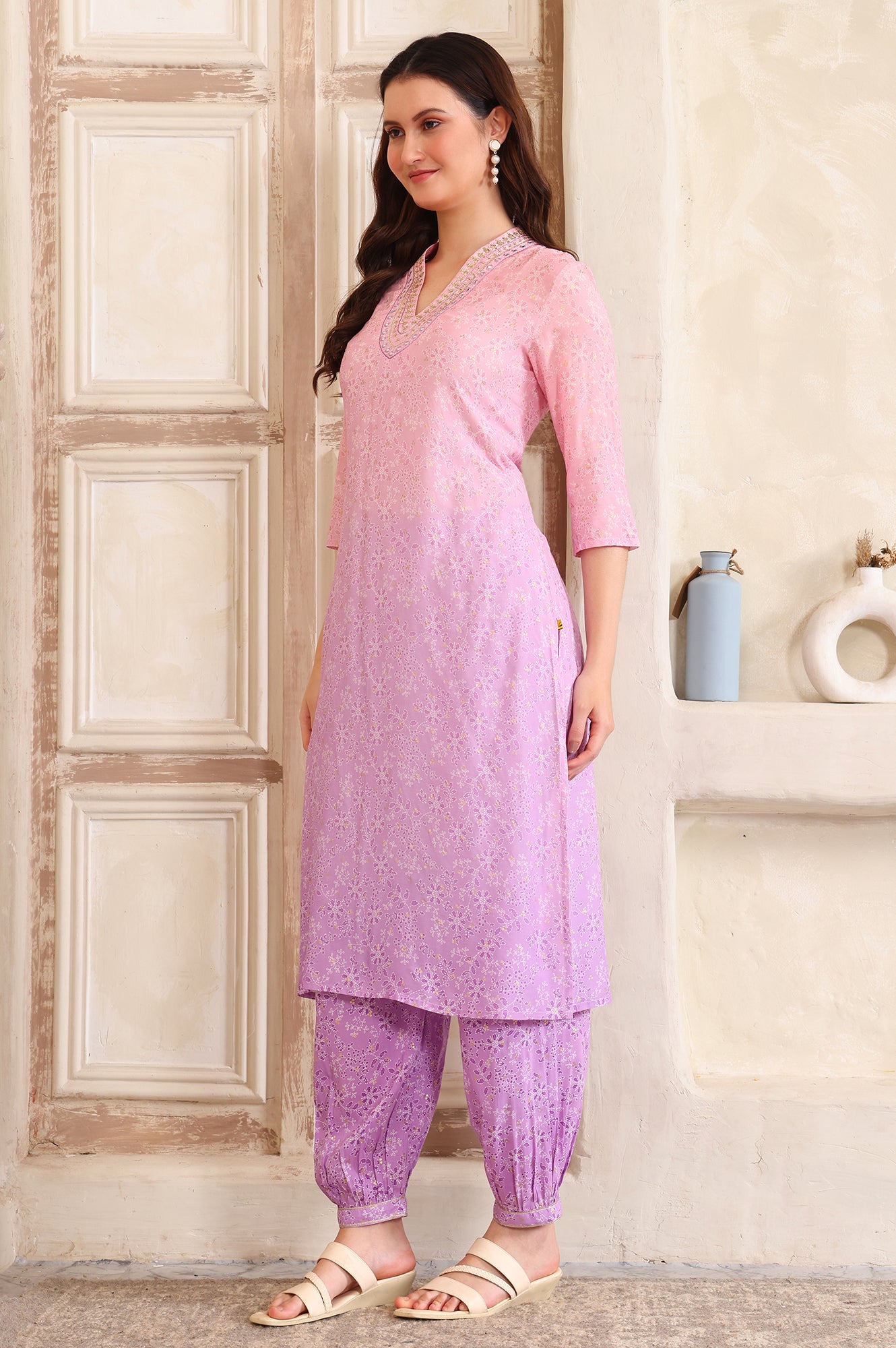 Purple Floral Printed Sequinned A-Line Kurta and Salwar Co-ord Set