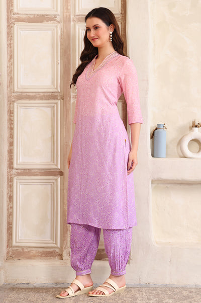 Purple Floral Printed Sequinned A-Line Kurta and Salwar Co-ord Set