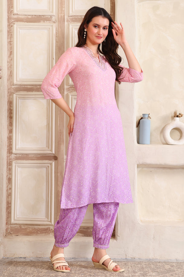 Purple Floral Printed Sequinned A-Line Kurta and Salwar Co-ord Set