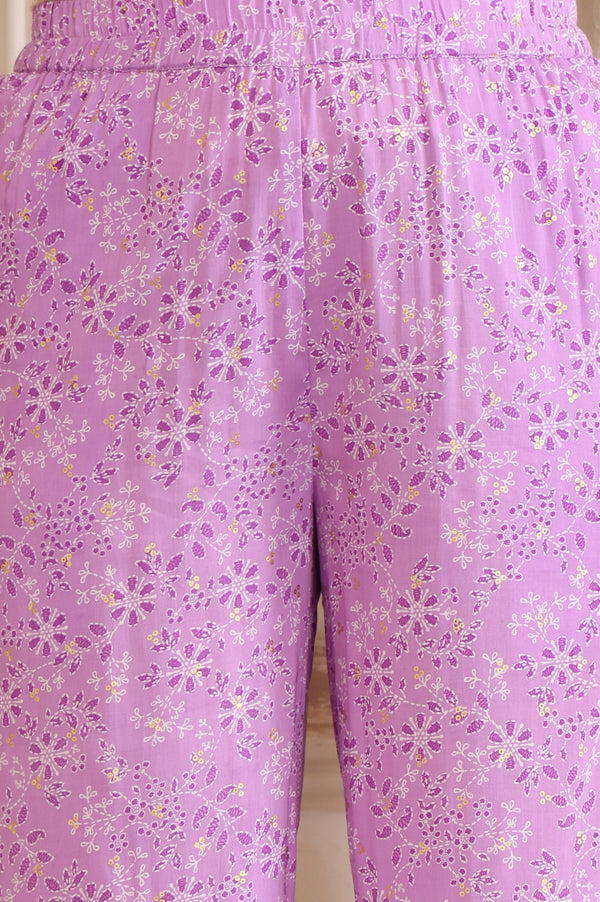 Purple Floral Printed Sequinned A-Line Kurta and Salwar Co-ord Set