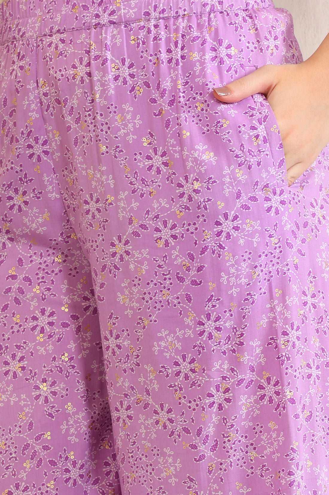 Purple Floral Printed Sequinned A-Line Kurta and Salwar Co-ord Set