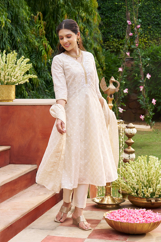 Beige Foil Printed Sequinned A-Line Kurta, Pant and Stole Set - S