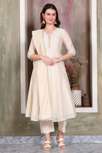 Beige Foil Printed Sequinned A-Line Kurta, Pant and Stole Set