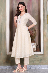 Beige Foil Printed Sequinned A-Line Kurta, Pant and Stole Set