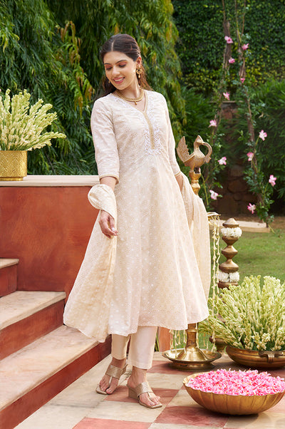 Beige Foil Printed Sequinned A-Line Kurta, Pant and Stole Set