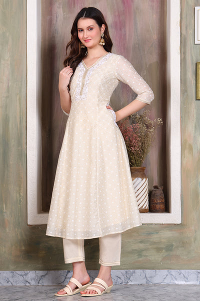 Beige Foil Printed Sequinned A-Line Kurta, Pant and Stole Set