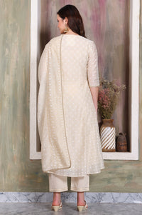 Beige Foil Printed Sequinned A-Line Kurta, Pant and Stole Set