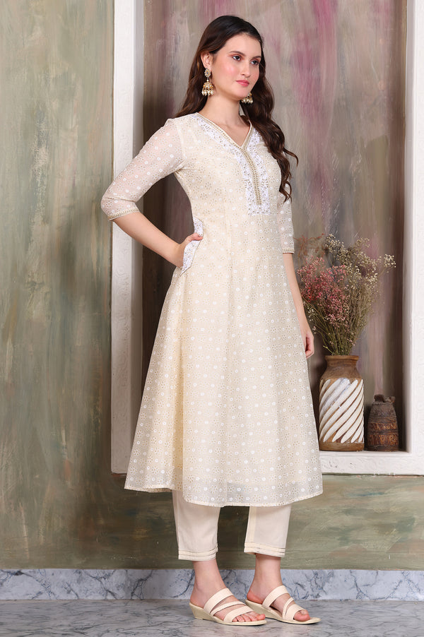 Beige Foil Printed Sequinned A-Line Kurta, Pant and Stole Set