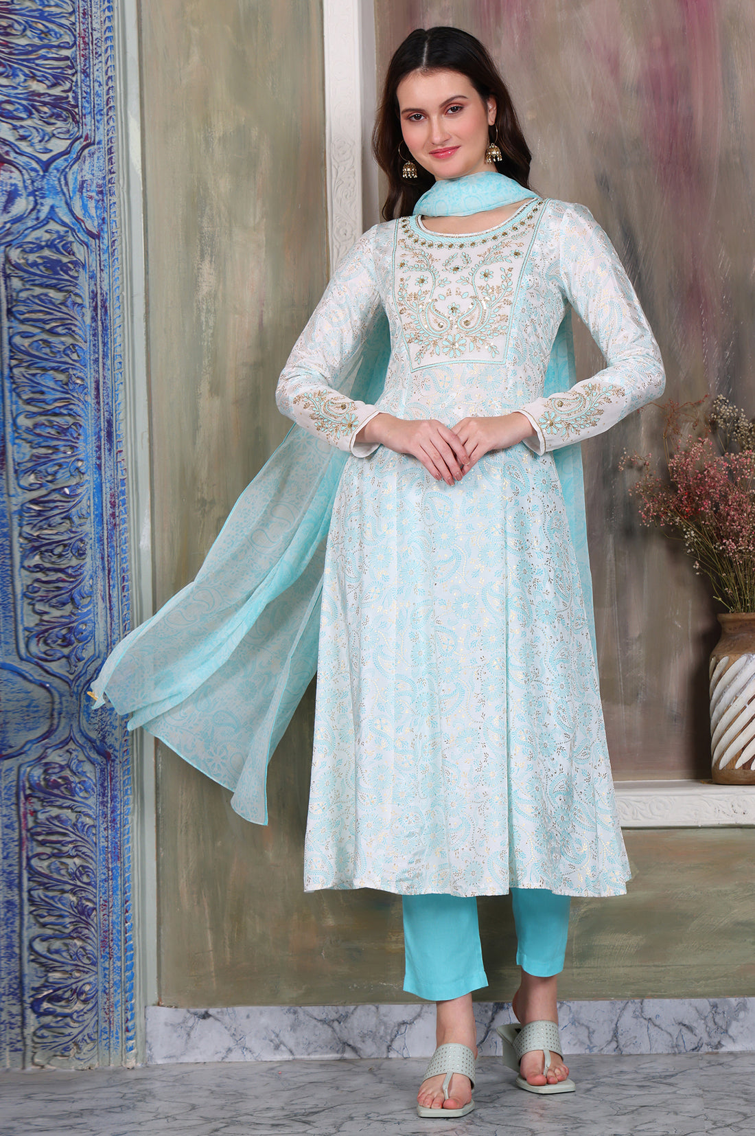 Sky Blue Floral Printed Zari Embroidered Anarkali Kurta, Trouser and Stole Set