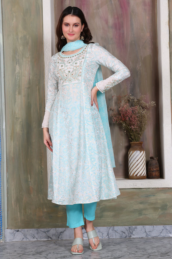 Sky Blue Floral Printed Zari Embroidered Anarkali Kurta, Trouser and Stole Set