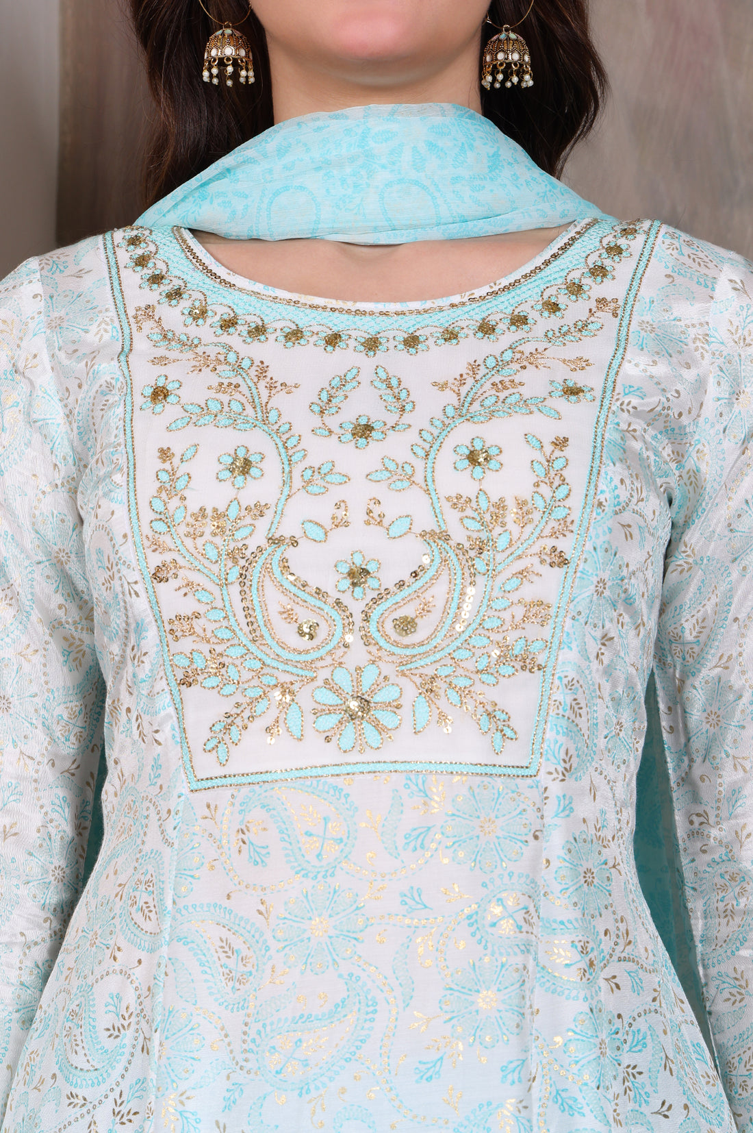 Sky Blue Floral Printed Zari Embroidered Anarkali Kurta, Trouser and Stole Set