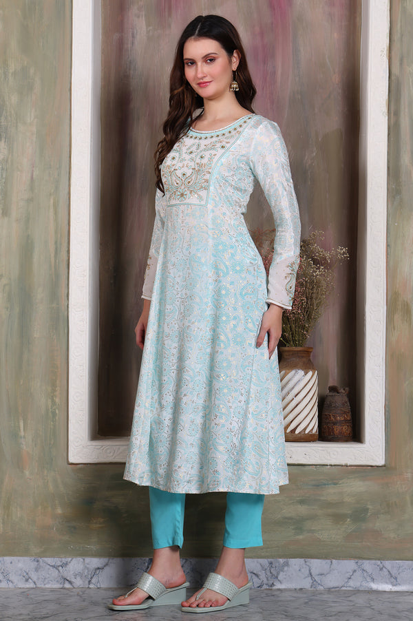 Sky Blue Floral Printed Zari Embroidered Anarkali Kurta, Trouser and Stole Set