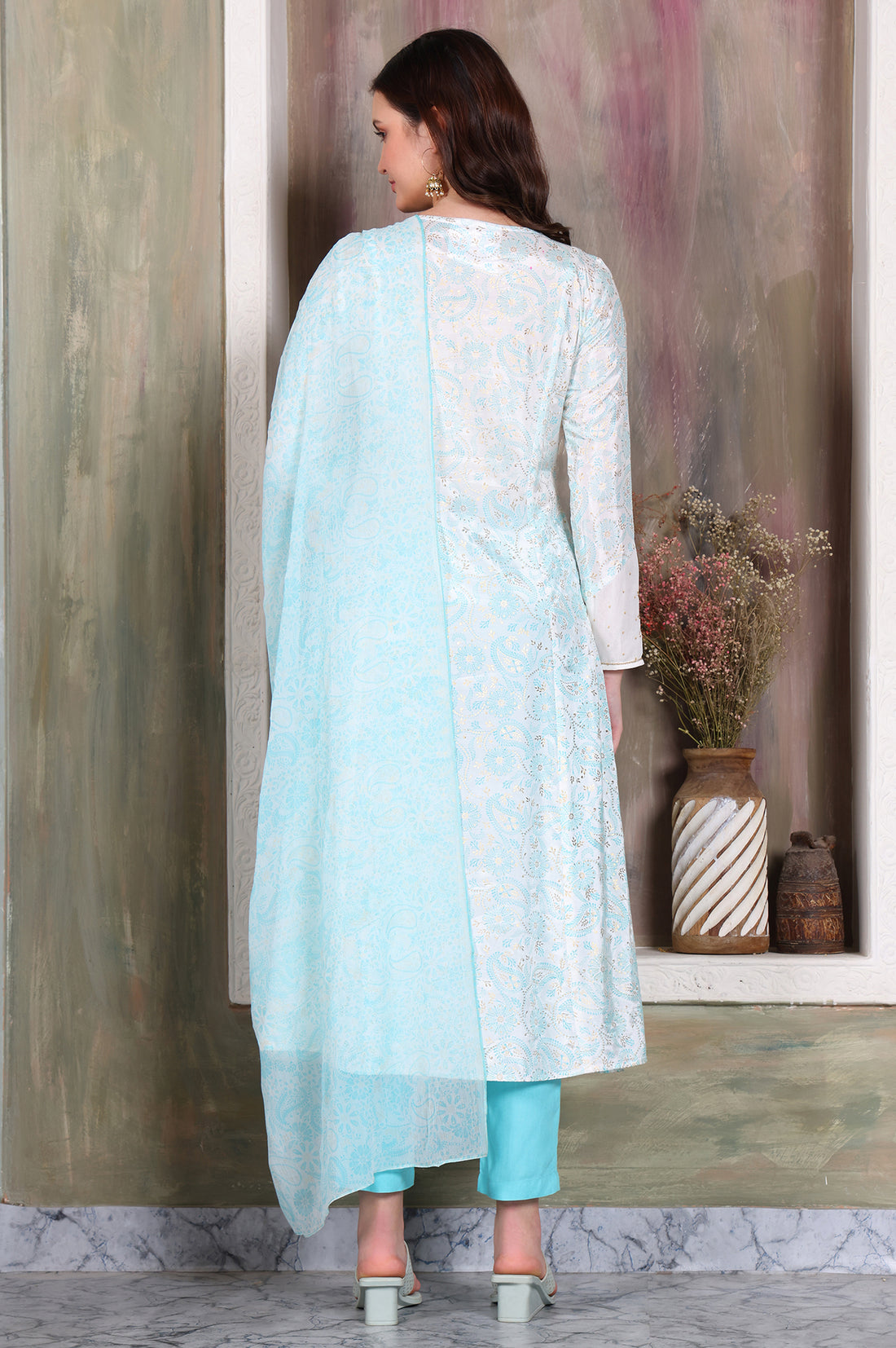 Sky Blue Floral Printed Zari Embroidered Anarkali Kurta, Trouser and Stole Set