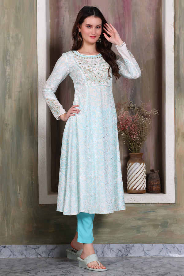 Sky Blue Floral Printed Zari Embroidered Anarkali Kurta, Trouser and Stole Set