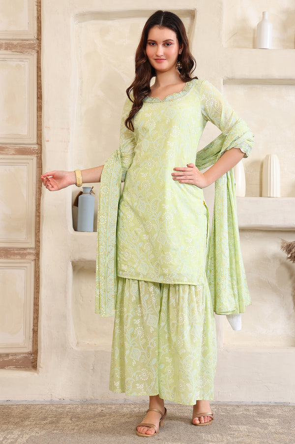 Green Foil Printed Zari Embroidered Straight Pure Cotton Kurta and Sharara Set