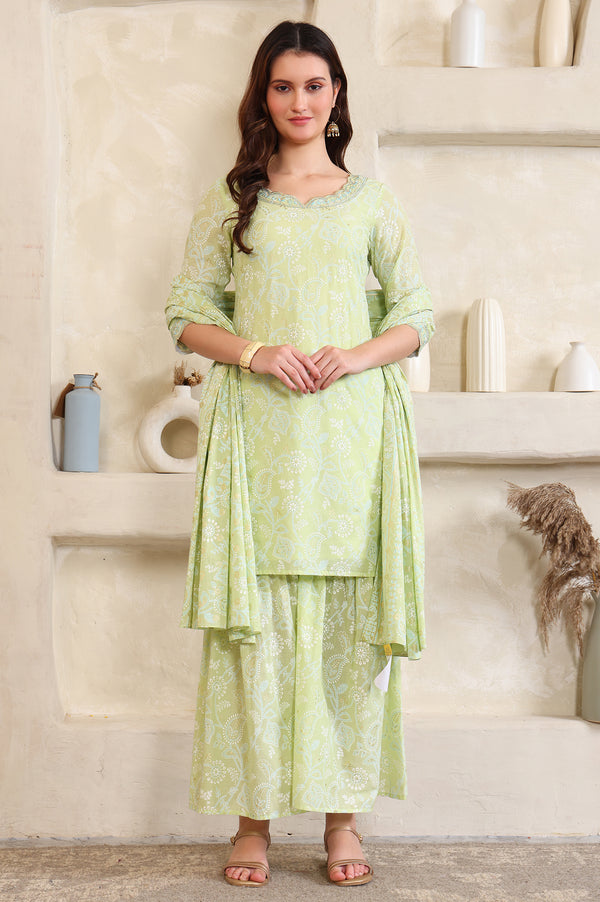 Green Foil Printed Zari Embroidered Straight Pure Cotton Kurta and Sharara Set